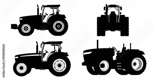 Agricultural machinery set in silhouette: A detailed silhouette set showcases the robust design and powerful form of agricultural machinery. Each angle provides a unique perspective.