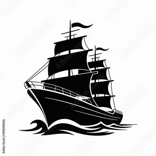 Sailing Vessel Silhouette: A classic sailboat, sails billowing in the wind, glides across the water, evoking a sense of adventure and freedom.