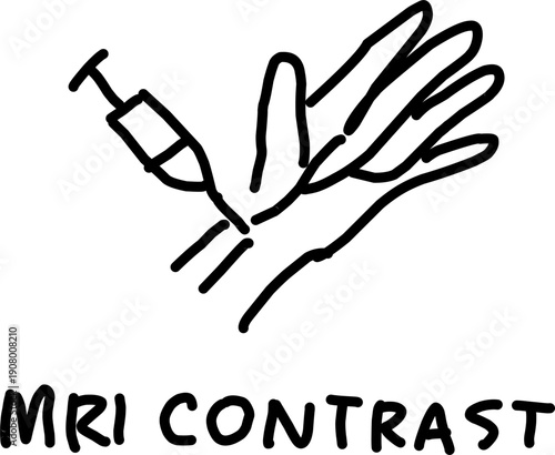 Hand drawn MRI contrast injection icon showing syringe into hand vein, simple black line art illustration representing medical imaging, radiology procedure, and healthcare.