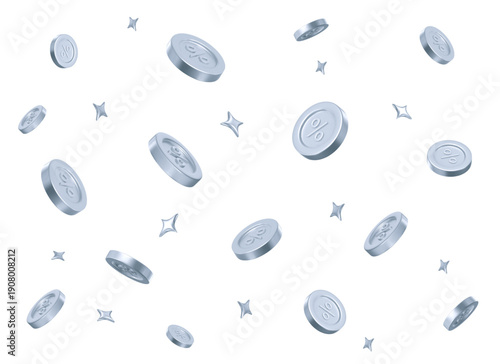 3d flying silver coins with percent sign with gray stars. Stock vector illustration on isolated background.