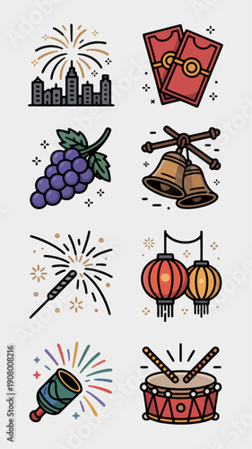 Celebration Symbols: A vibrant array of festive icons and illustrations capturing the essence of cultural celebrations and joyful moments.