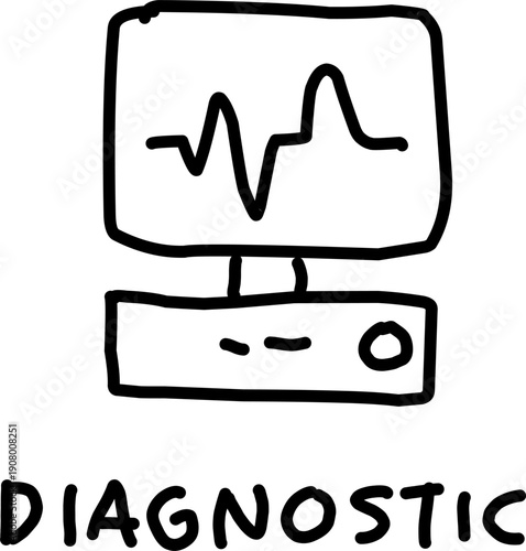 Hand drawn computer diagnostic icon with heartbeat waveform on monitor, simple black line art illustration symbolizing system health, analysis, and monitoring.