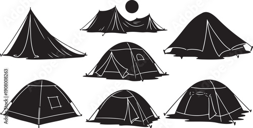 Collection of various black tents on white background illustration