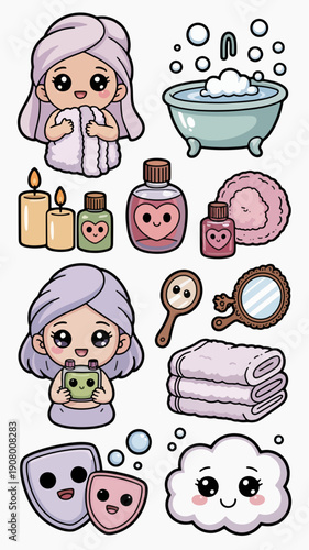 Spa Day Delight: Delightful illustration showcases a set of spa-themed elements, inviting a sense of relaxation and pampering, perfect for beauty and wellness concepts.