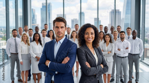 Assertive corporate executives leading global inclusive workforce in metropolitan high-rise