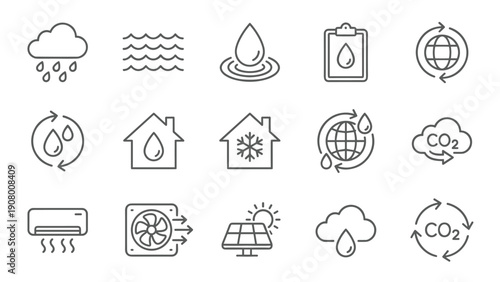 Collection of water, climate, and ecology line icons, featuring rain, droplet, CO2 cycle, solar panel, and home heating symbols, vector graphics set.