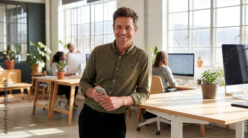 Casual entrepreneur connecting via smartphone in open-plan company premises