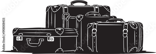 Black and white illustration of stacked vintage suitcases together