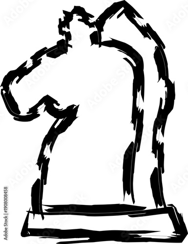 Black and white knight chess piece silhouette in rough brush style, minimal vector illustration for strategy, game, and leadership concepts.