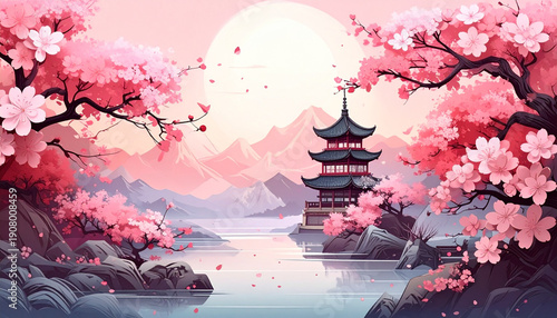 Japanese Pagoda Landscape with Pink Cherry Blossoms
