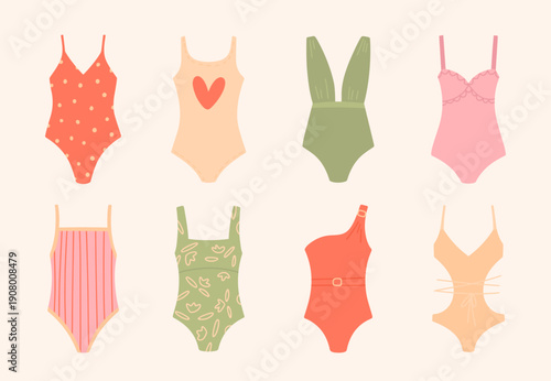 One-piece swimming suits set. Vector illustrations in cartoon style. Different shapes summer swimwear for beach. Cute design elements.