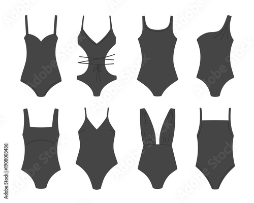 One-piece black swimming suits set. Vector illustrations in cartoon style. Different shapes summer swimwear for beach. Cute design elements isolated on white background.