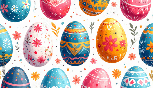 Seamless Watercolor Easter Egg and Spring Floral Pattern