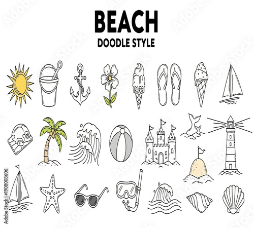 A collection of hand drawn beach themed doodles including suns shells and seaside elements high quality