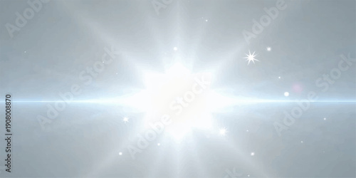 A bright summer sky illustration featuring an abstract light burst with blue sun rays and glowing star flares creates a sunny nature backdrop design