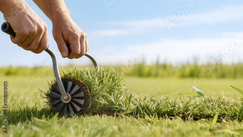 Landscaper Installing New Sod Roll on Residential Lawn
