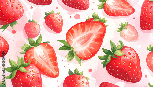 Cheerful seamless repeating pattern with ripe red strawberries
