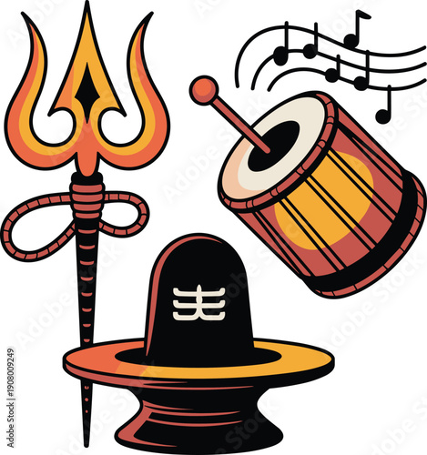 Hindu Deities Symbols: Drum, Trident, and Om Symbol with Musical Notes