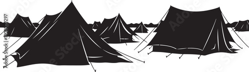Black tents in a snowy landscape illustration