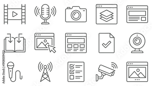 Collection of media, technology, and content creation line icons, featuring video, microphone, camera, web browser, and security symbols, vector graphic set.