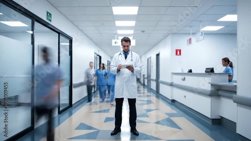 Focused healthcare professional examining vital data on a tablet in a dynamic hospital setting, highlighting medical innovation and dedicated service