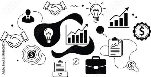 Business growth concept with icons: handshake, lightbulb, graph, briefcase, dollar sign, and team symbol.