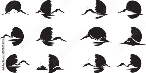 Seagulls flying in formation at sunset silhouette illustrations set