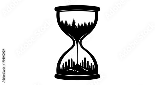 Cityscape Silhouette Filling Hourglass Illustrating Time Passing and Urbanization Concept in a Symbolic Illustration of Modern Life