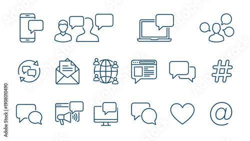 Collection of global communication, social media, and chat line icons, featuring speech bubbles, hashtag, email, and digital devices, vector graphics set.