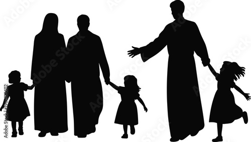 Black silhouettes of a Muslim family with parents and children walking and holding hands together isolated on a white background.
