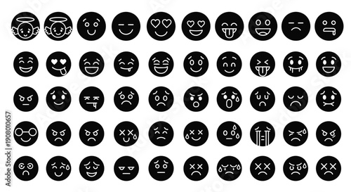 Collection of diverse black and white emoji icons representing a wide spectrum of human emotions feelings and reactions suitable for digital communication interface design elements
