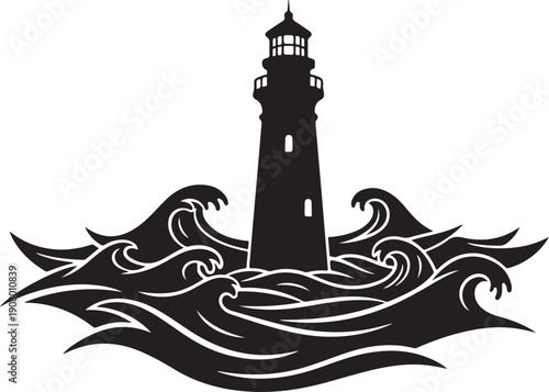Dramatic Black Lighthouse Standing Amidst Turbulent Ocean Waves Silhouette