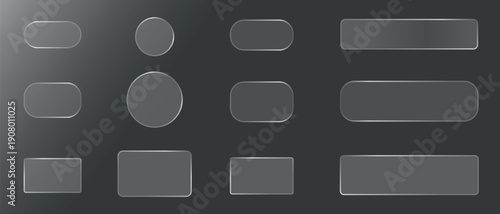 Liquid glass vector buttons and round circle in different shapes. Liquid glass collection of transparent, rounded buttons and shapes, showcasing a modern aesthetic for UI UX Glass Screen of Mobile Dev