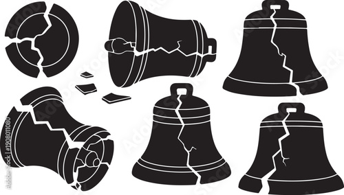 Cracked Bell Illustrations in Black and White Color Scheme