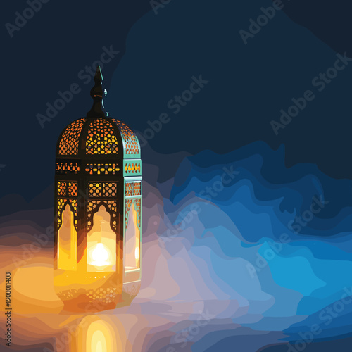 Glowing ornate Islamic lantern with warm light against a deep blue mystical smoky background for Ramadan, Eid, and spiritual celebration.