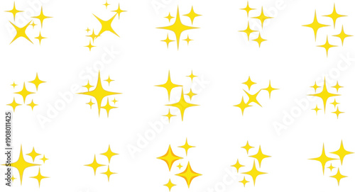 Collection of various bright yellow four-pointed sparkle icons and shining starburst clip art designs perfect for emphasizing quality or newness in digital media projects