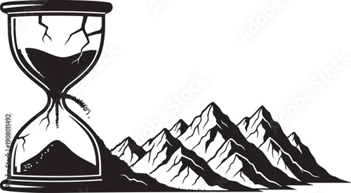 Cracked hourglass with mountain landscape in black and white