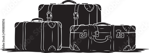 Three black suitcases in a line on white background