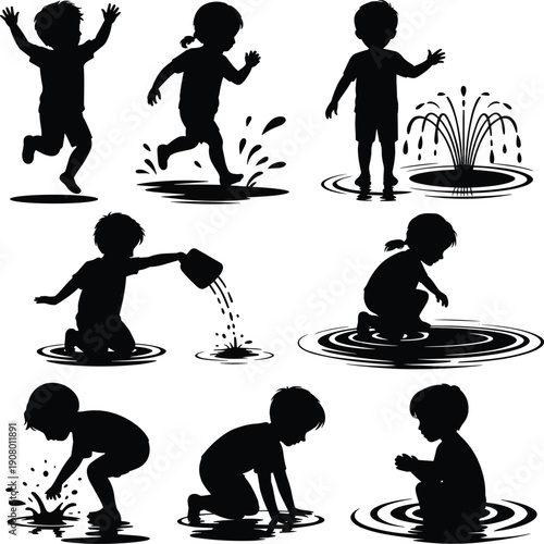 To help you optimize the children playing in water silhouettes for Adobe Stock, here is the SEO metadata focusing on childhood joy, summer activities, and sensory play.