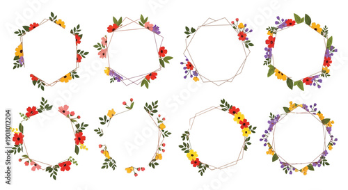 Collection of eight beautiful geometric floral badge designs featuring colorful summer blossoms adorning elegant polygonal frames ideal for wedding invitations or branding elements
