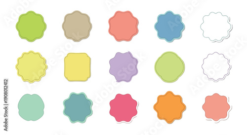 Assorted collection of fifteen colorful blank vintage style labels featuring various playful scalloped and rounded shapes casting soft shadows on a clean white background perfect for design use