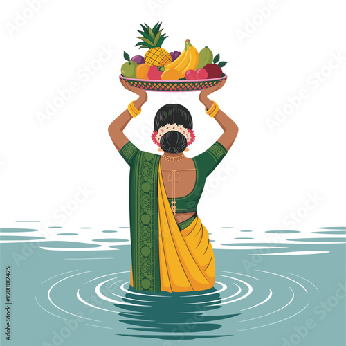 Indian Woman Carrying Fruit Basket Over Water, Traditional Attire, Cultural Celebration