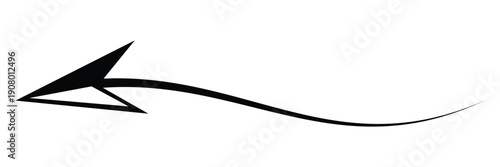 Black Wavy Arrow Pointing Left Directional Icon with Sharp Tip and S-Curve Body Isolated on White Background for Return and Flow.