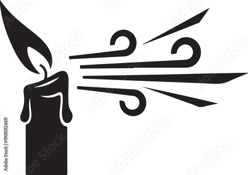 Black candle with flame and wind blowing illustration