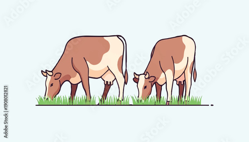 Cows Grazing on Green Field Farm Animal Illustration