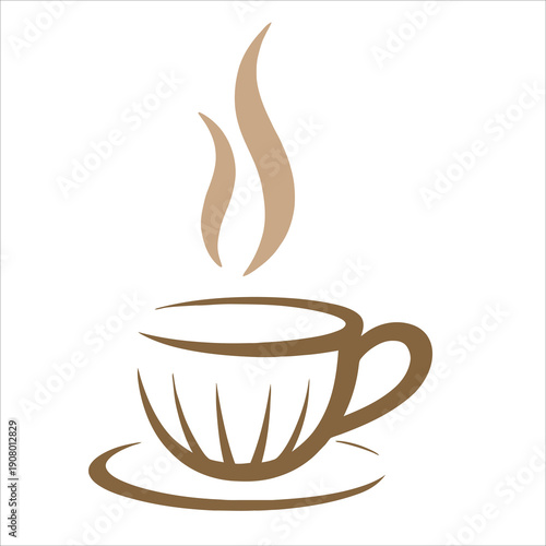 Minimalist Coffee Cup Logo, Line Art Steaming Tea Mug with Saucer Vector Illustration