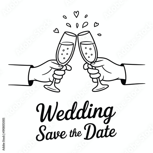 Two hands clinking champagne glasses with hearts and bubbles