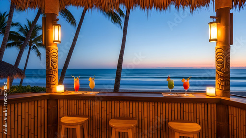 Tropical Tiki Bar at Sunset with Beach and Ocean View