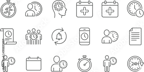 Collection of time management and appointment line icons, featuring clock, calendar, stopwatch, deadline, and efficiency symbols, vector graphics set.