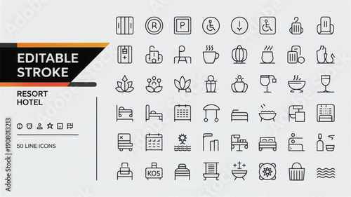 Collection of simple line icons representing various hotel and resort services and amenities
